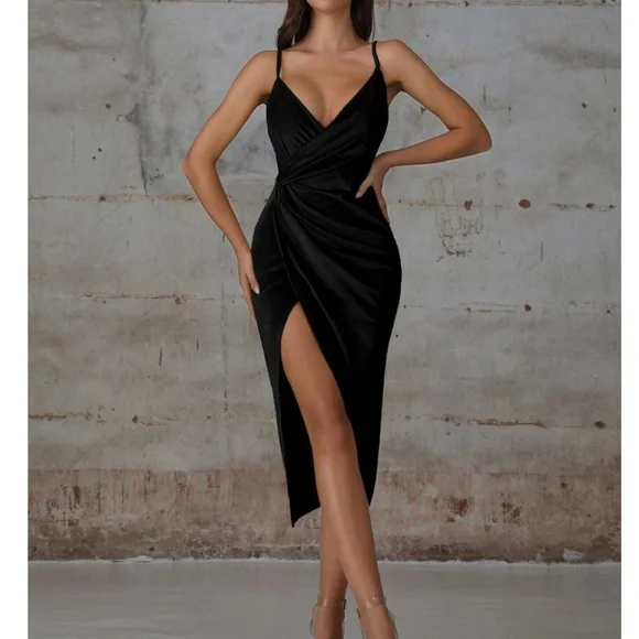 Black Velvet Wrap Cami High Slit Asymmetric Dress - Picture 6 of 13
